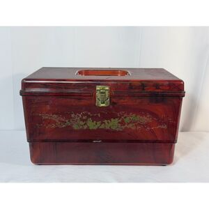 VTG Brown Amber Tortoise Plastic Sewing Box Hinged Craft Box Tray Contents READ